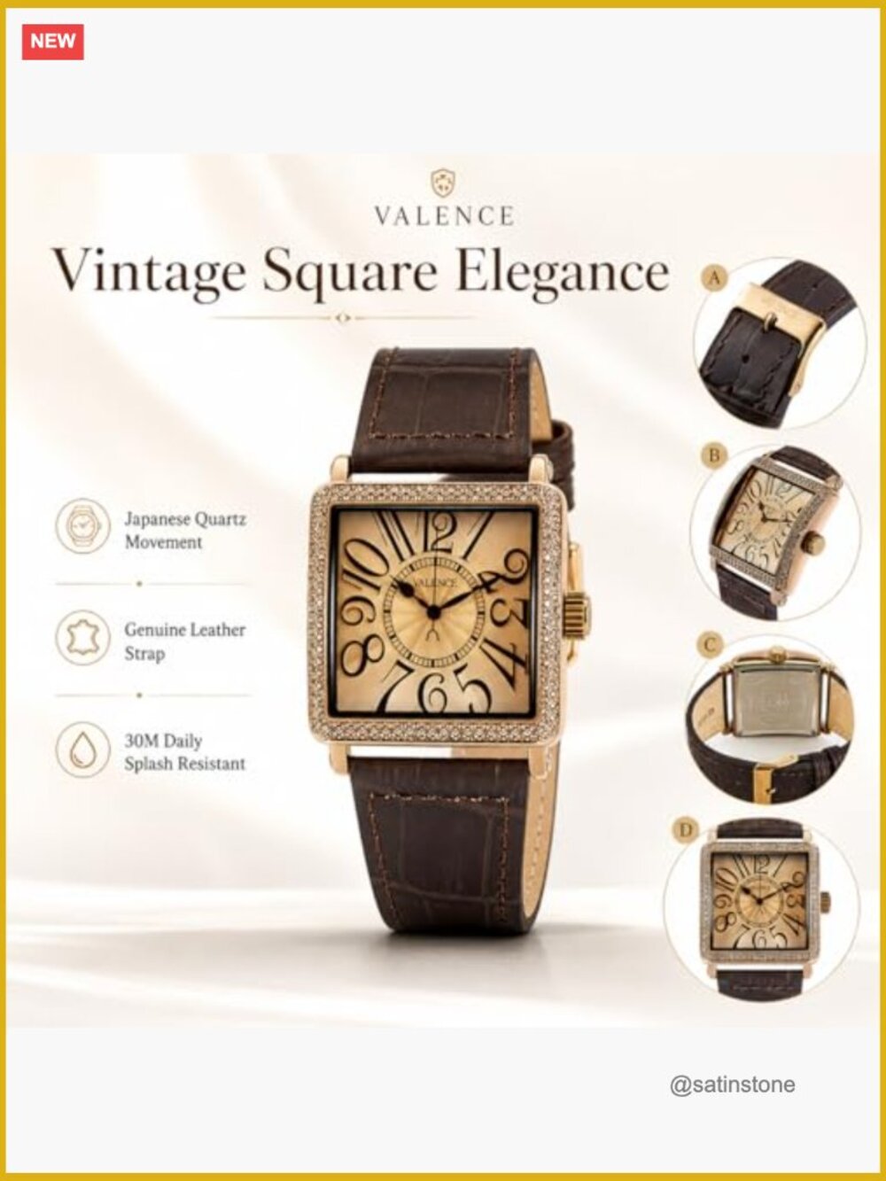 Vintage Square Watch with Genuine Leather Band, Japanese Quartz Movement, 30M - Picture 3 of 7